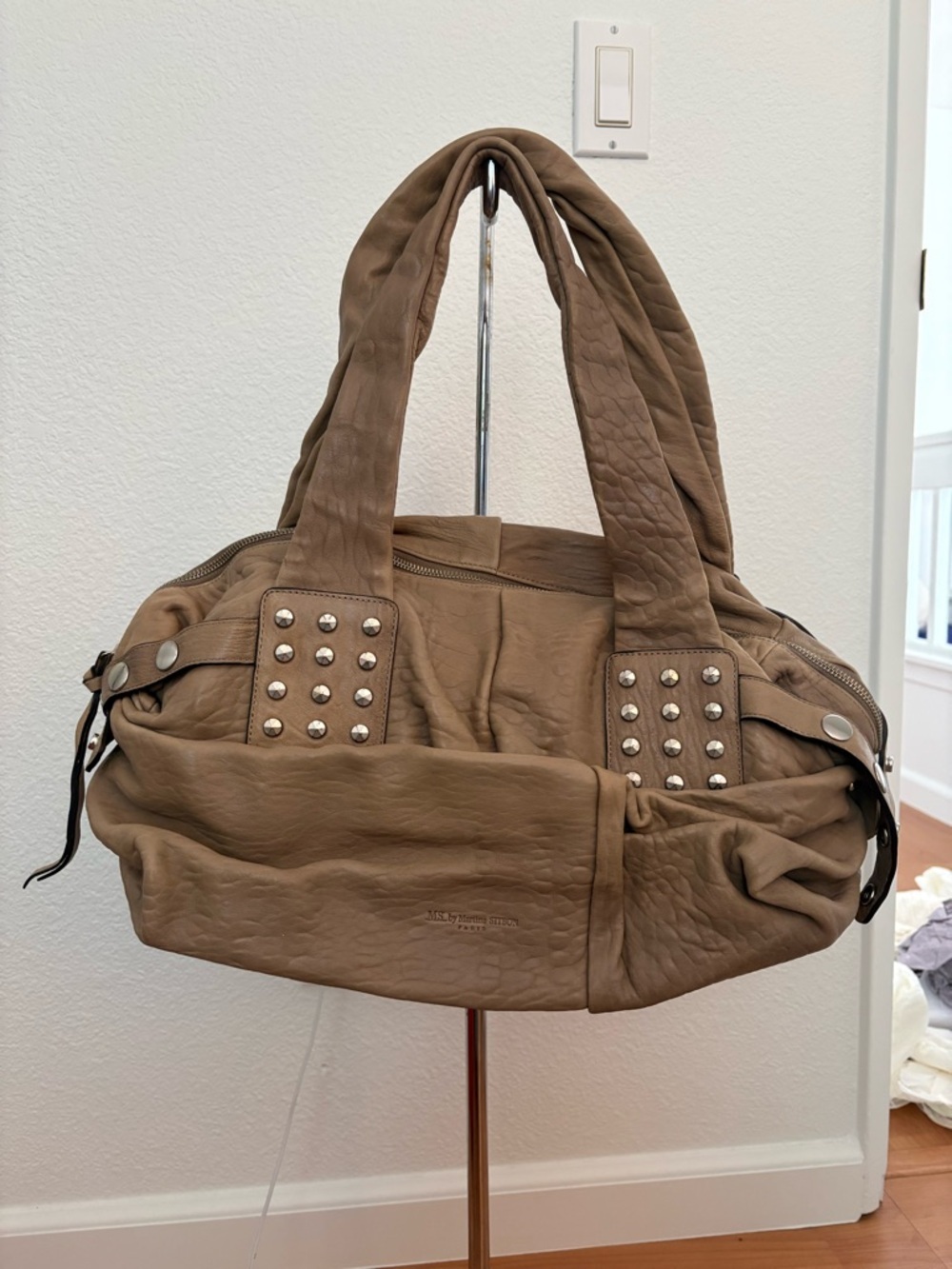 Taupe Studded Soft-Leather Shoulder Bag